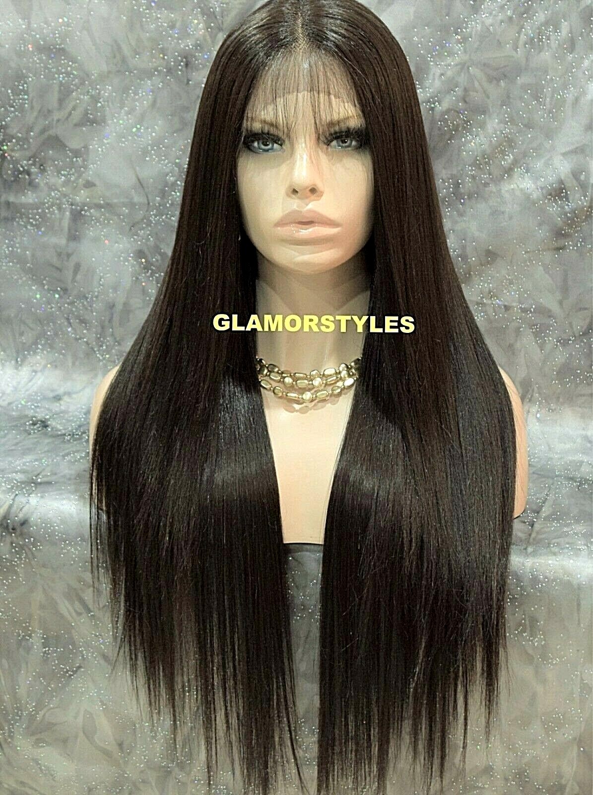 LACE FRONT FULL WIG LONG STRAIGHT LAYERED MIDDLE PART JET BLACK #1 HEAT OK