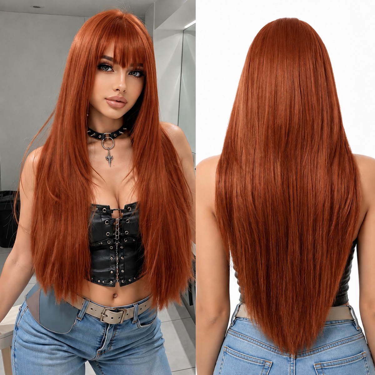 Synthetic Hair Heat Resistant Long Straight Copper Red Dress Up Wigs With Fringe