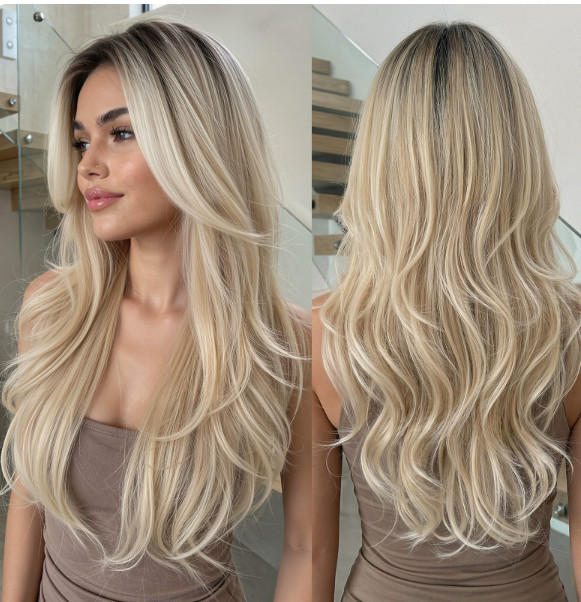 Rooted Blonde Mix Layered Synthetic Hair Wigs Women Soft Natural Daily Use