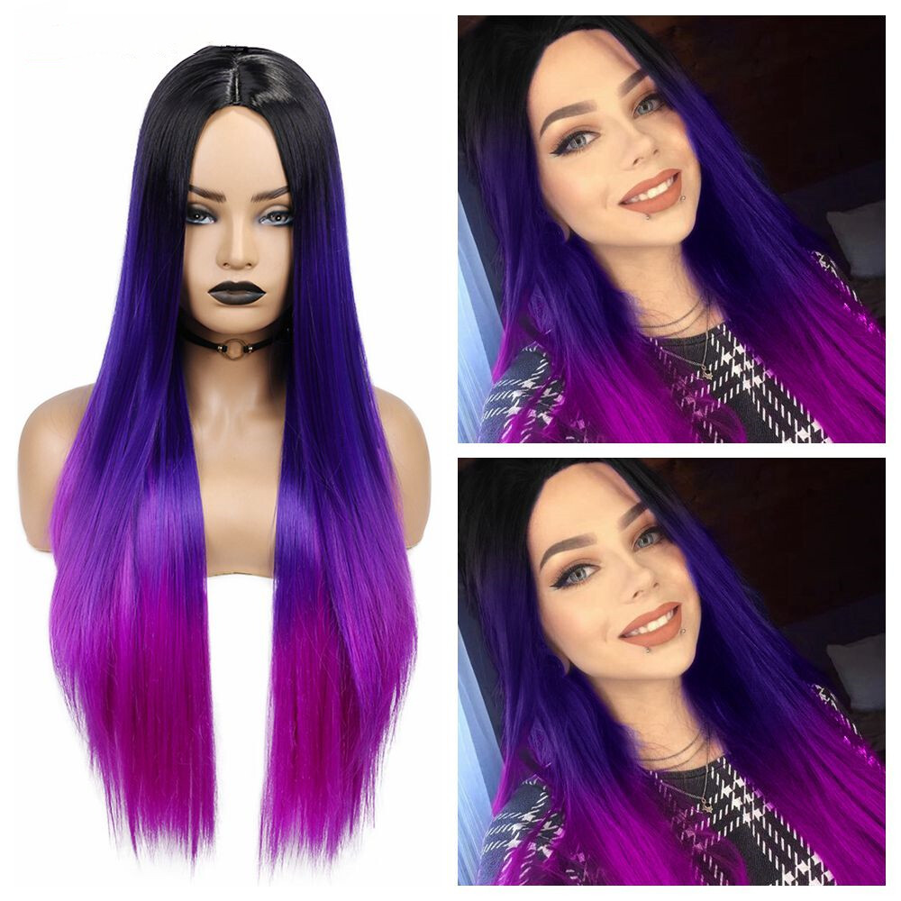 Black Blue Purple Long Straight Synthetic Wigs Natural Middle Part For Women