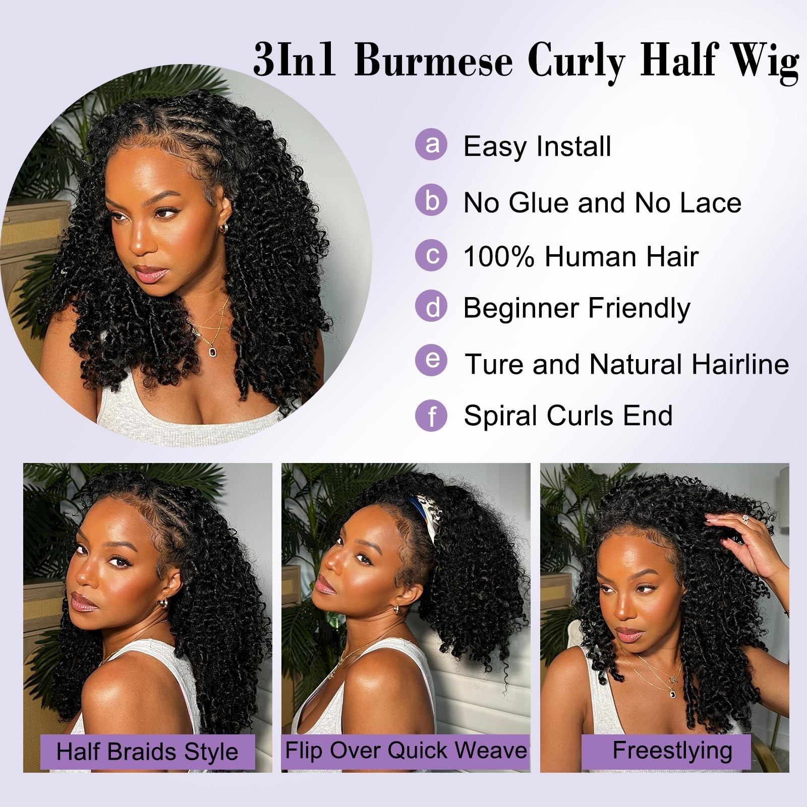 20″ Burmese Curl Half Wig – 200% Density, Glueless, Seamless, Beginner Friendly,