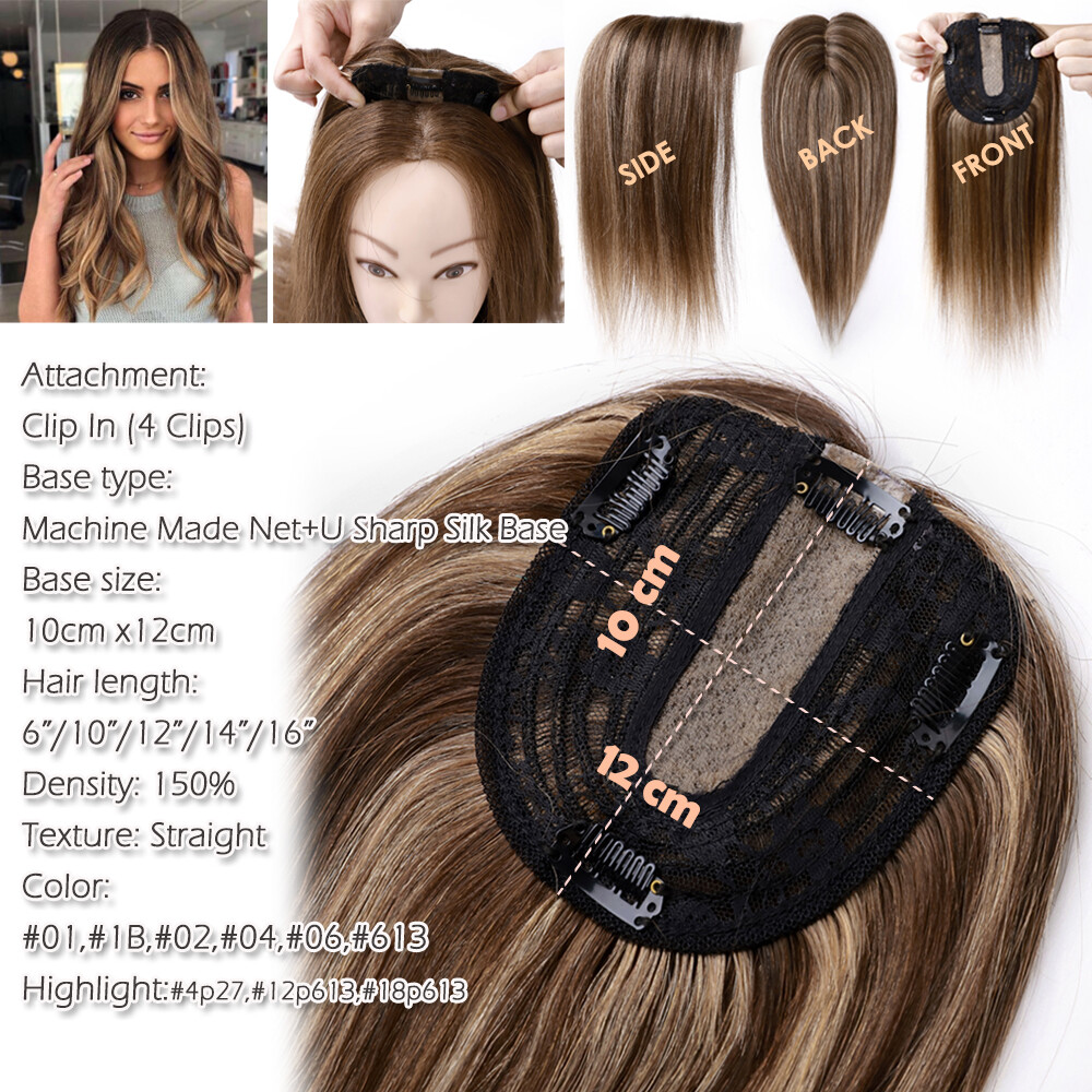 Clip In 100% Remy Human Hair Topper Hairpiece Toupee Silk Mono Base Women System