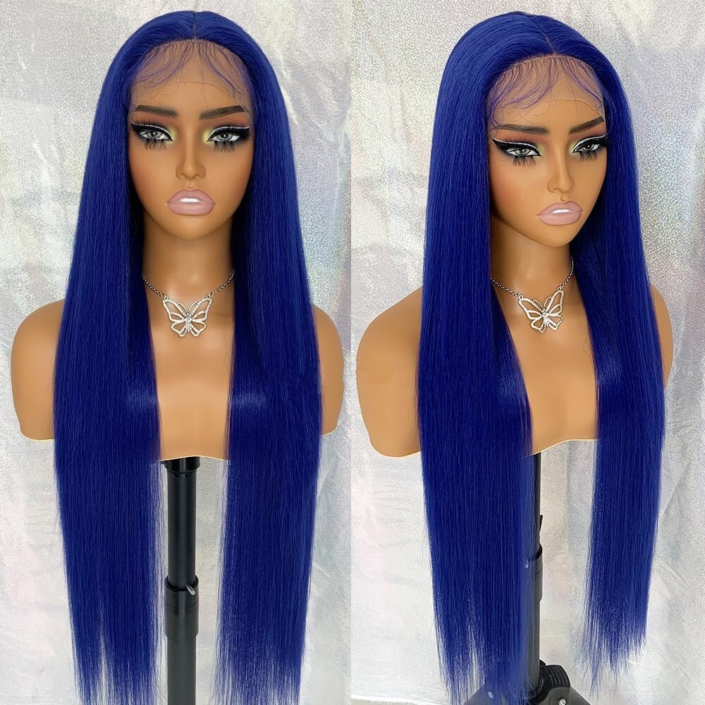 Long Straight Lace Front Wigs Blue Hair Synthetic Fiber Wig Party Heat Safe Soft