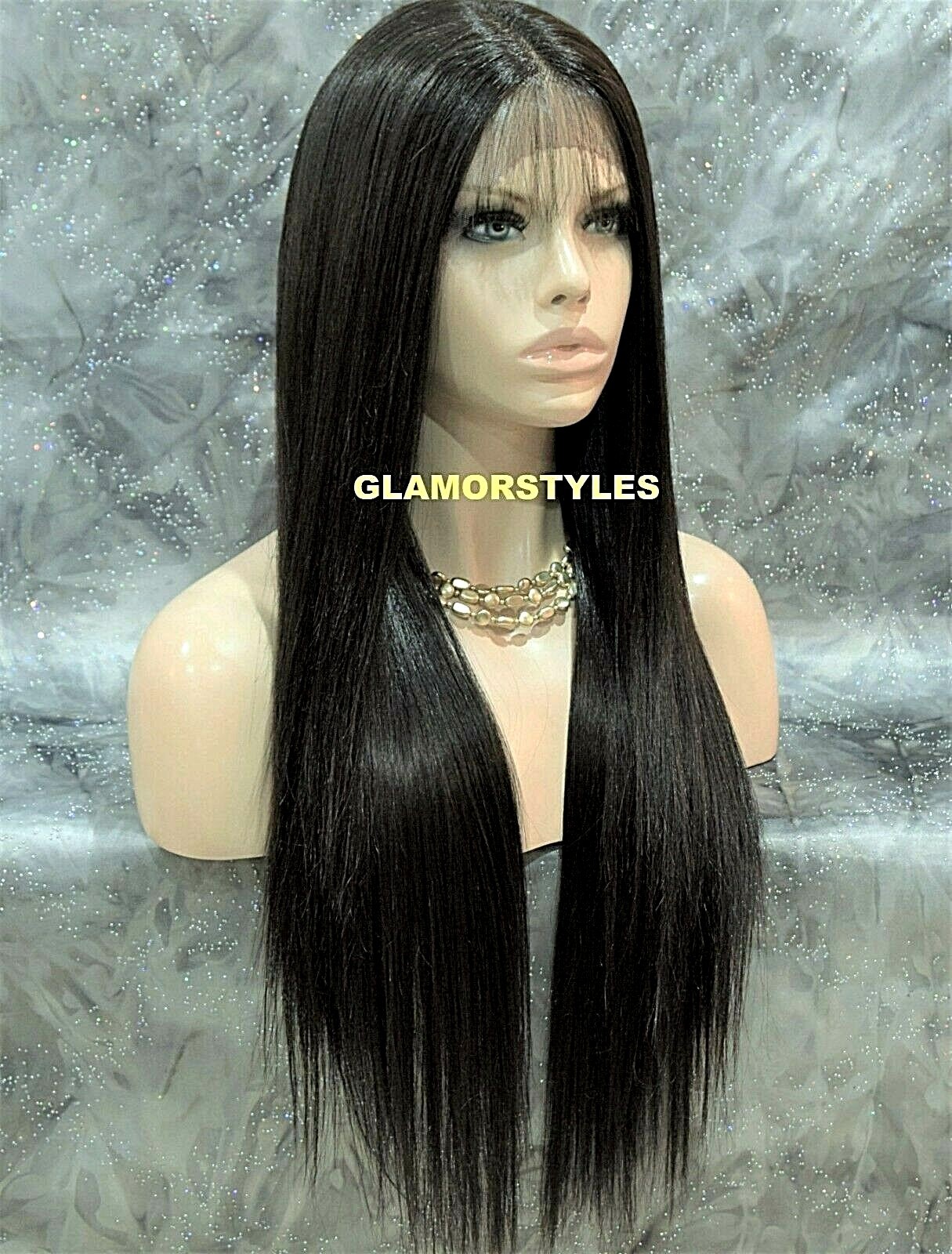 LACE FRONT FULL WIG LONG STRAIGHT LAYERED MIDDLE PART JET BLACK #1 HEAT OK