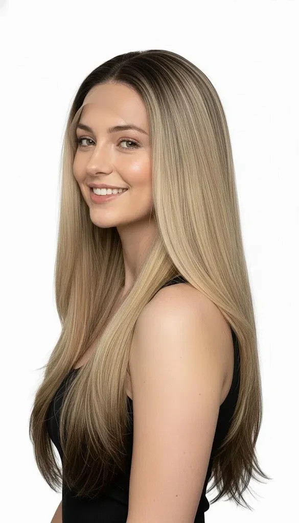 Ash Blonde Ombre Fixed Parting Lace Wig 30″ Long Straight Hair By Zebaish