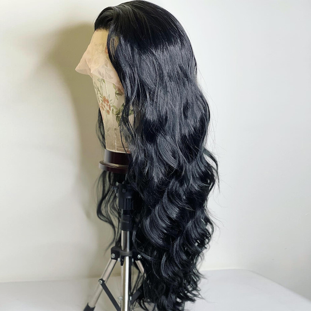 Long Wavy Heat Resistant Hair HD Lace Front Wig Pre Plucked Off black