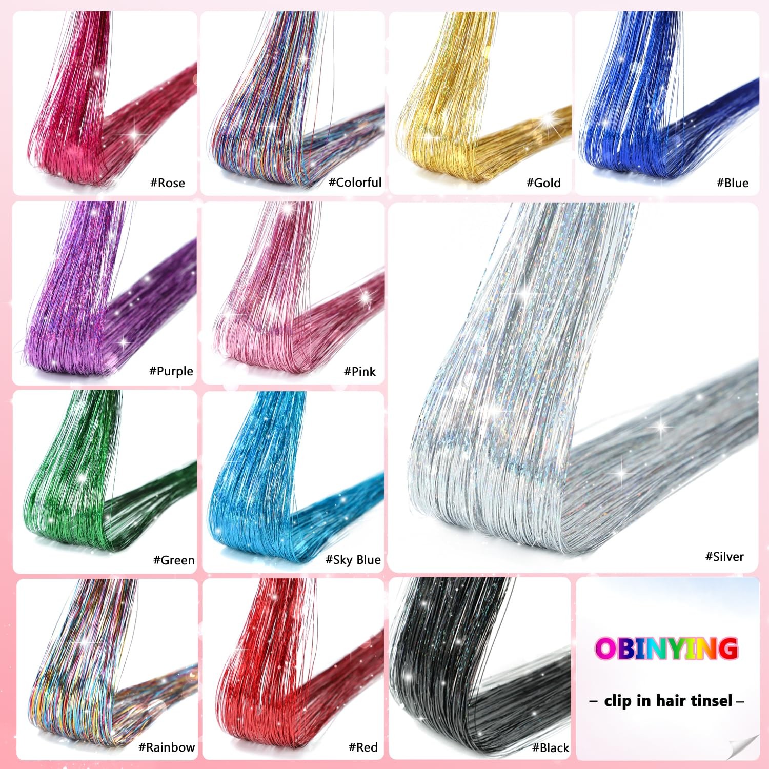 Obinying Hair Tinsel Pack of 18 Pcs Hair Tinsel Clip in 20.5 Inch Glitter Tin…