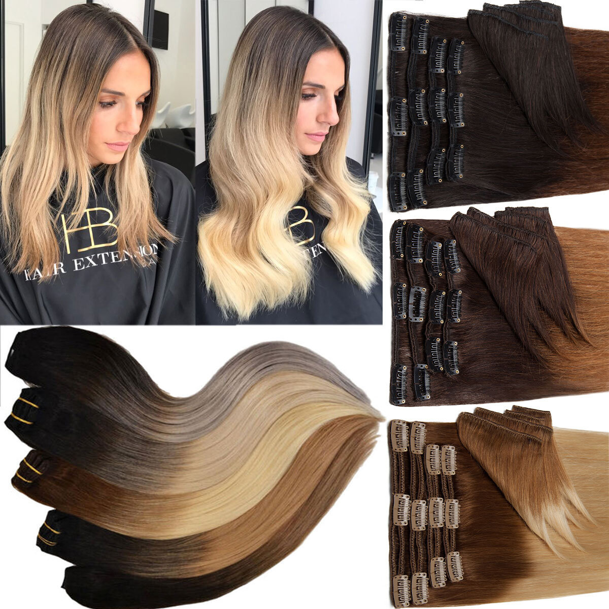 Balayage 100% Human Hair Seamless Clip in Remy Hair Extensions Full Head Ombre X