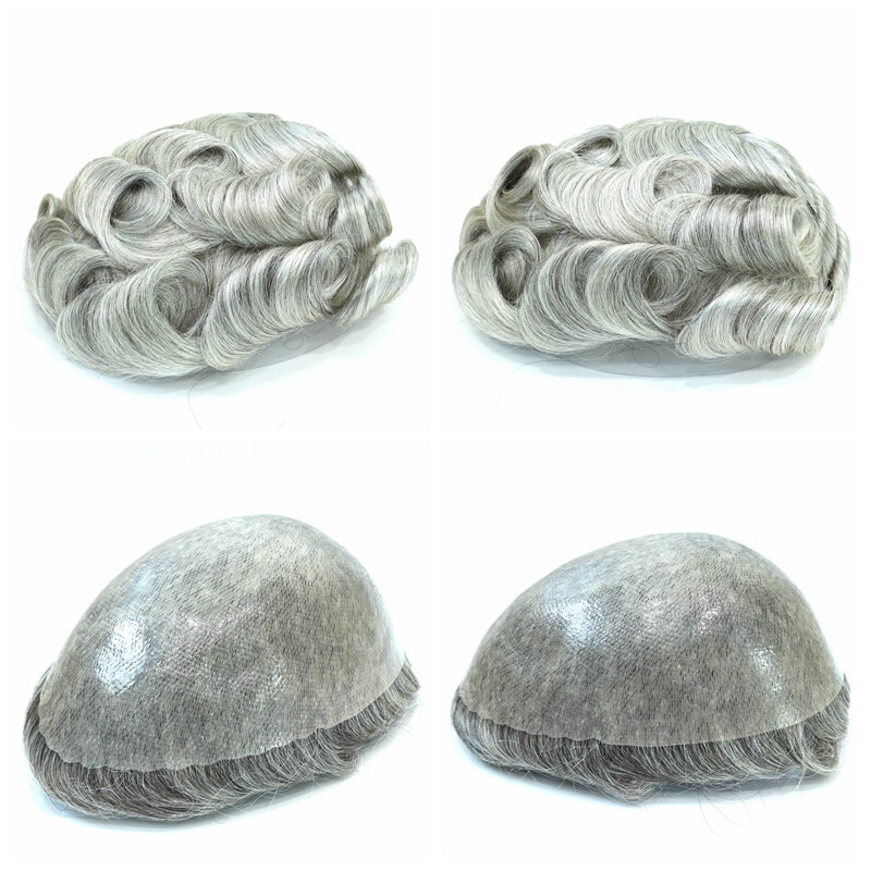 Mens Toupee Human Hair Replacement System Poly Skin V-loop Grey Hairpieces #1B80