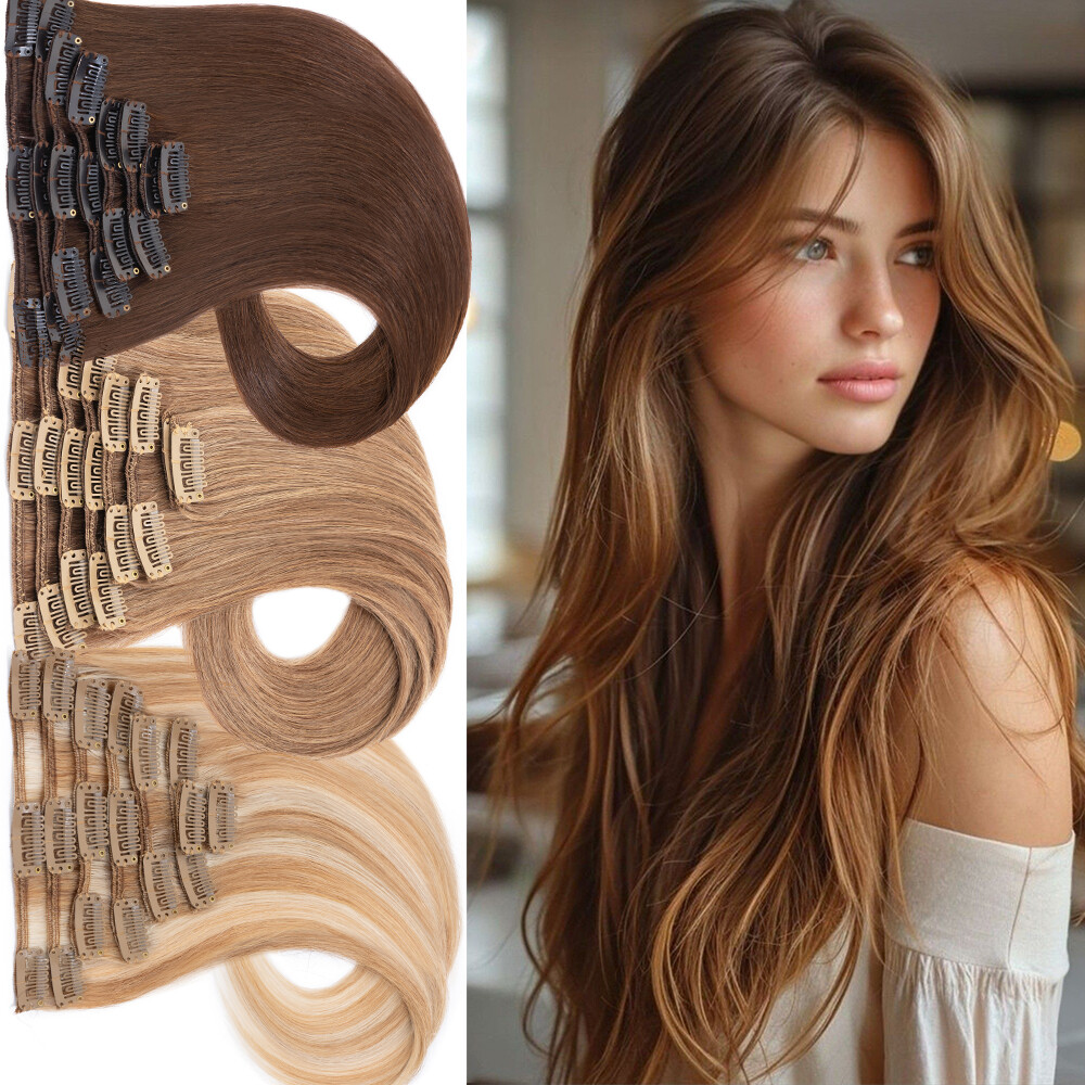 Indian Clip In 100% Human Hair Real Remy Hair Extensions 8PCS Weft Full Head Ash