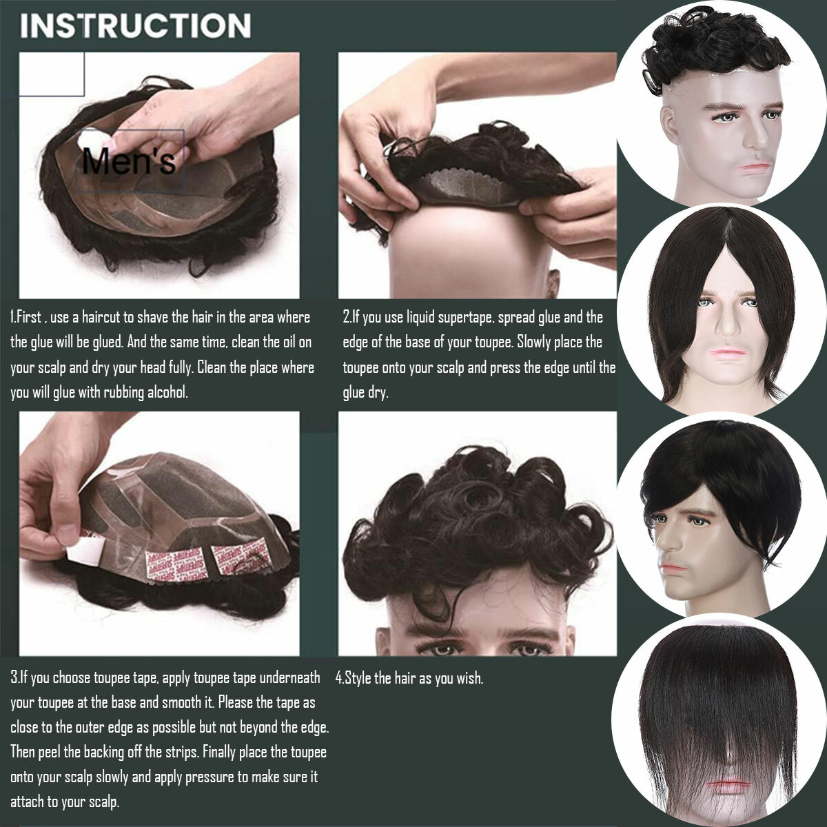 Men Toupee Human Hair Replacement System V-loop Super Thin Skin PU Hairpiece Wig