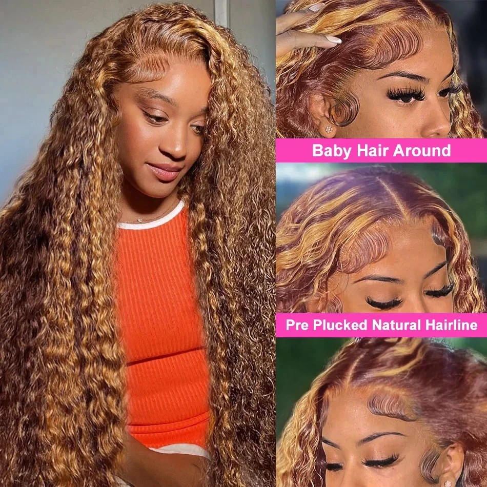 4/27 Highlight Deep Wave Lace Front Human Hair Wig Ombre Transparent Pre Plucked