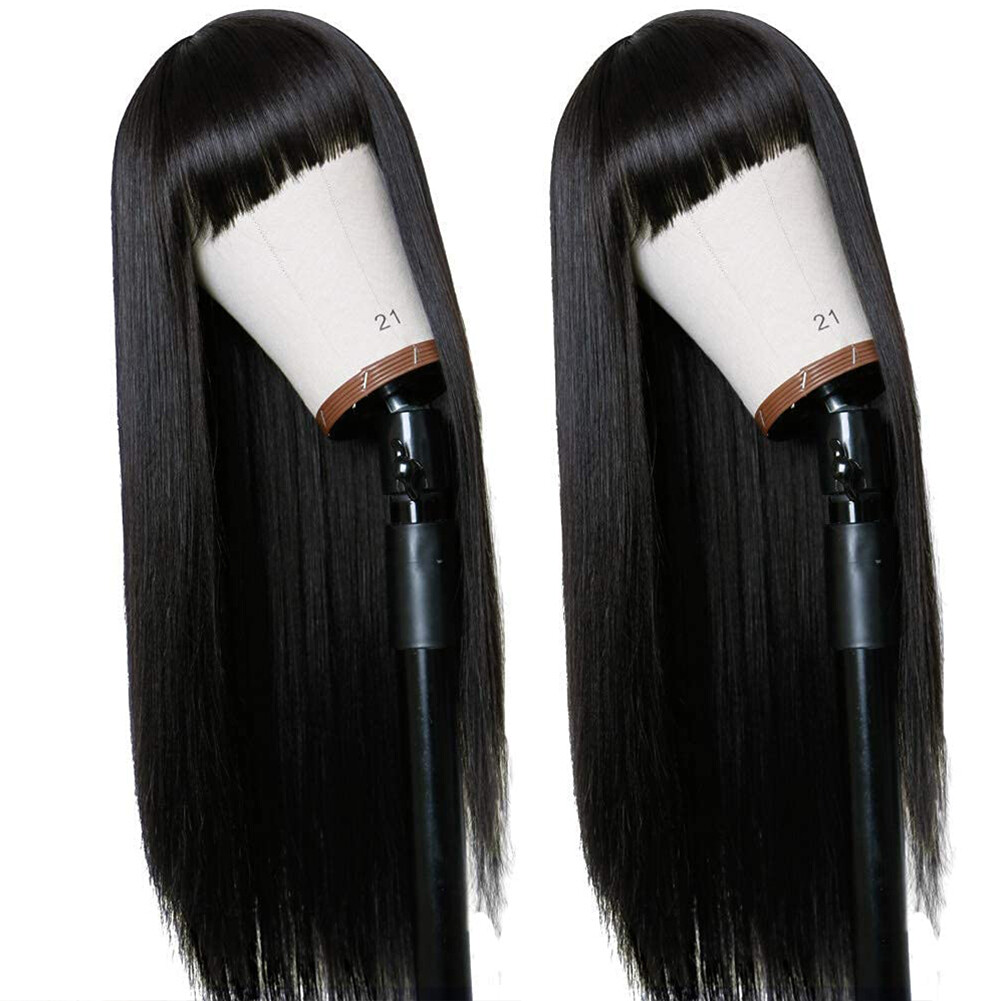 Heat Resistant Synthetic Hair None Lace Wigs Full Bangs Long Black Silk Straight