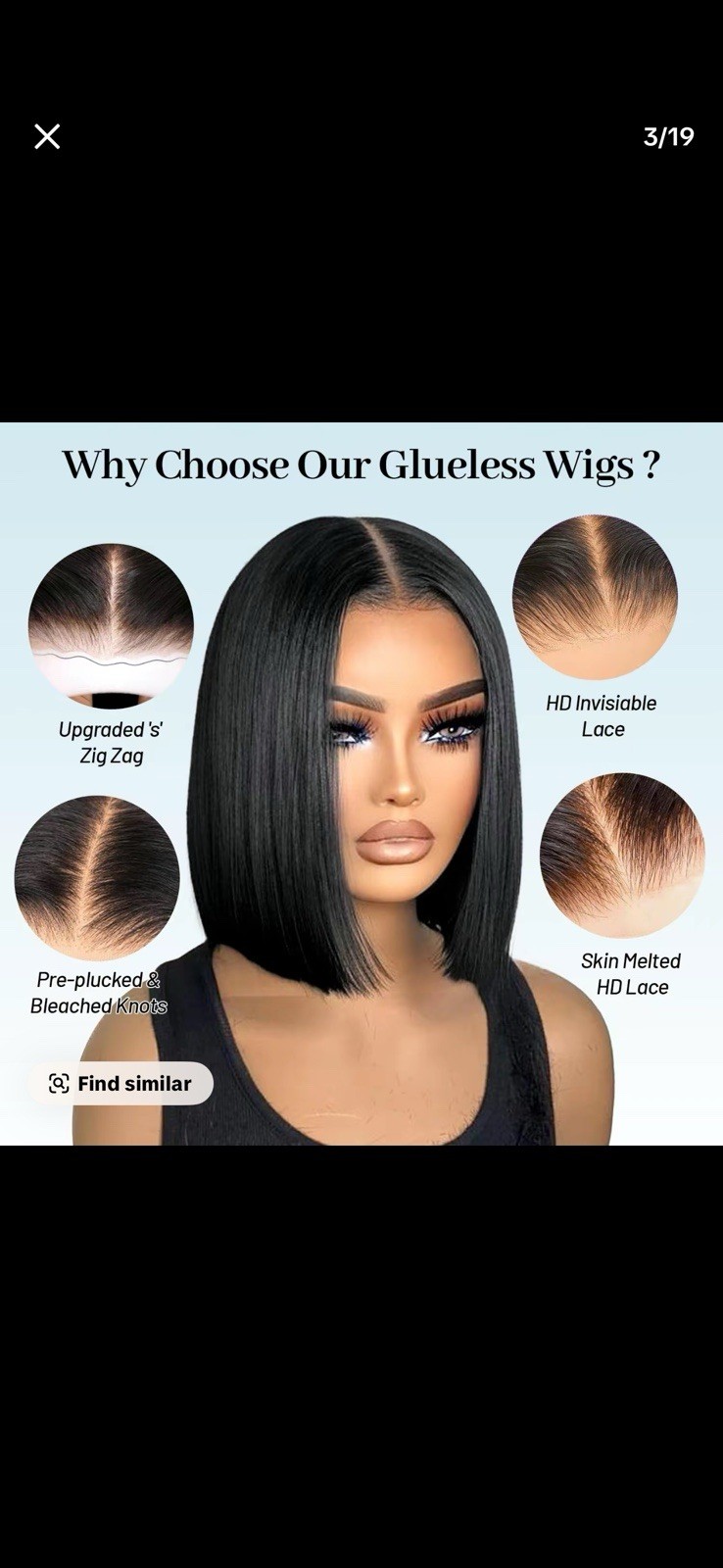 Glueless HD Lace Front Wig Straight Bob Black C-Part Pre-Plucked Bleached Knots