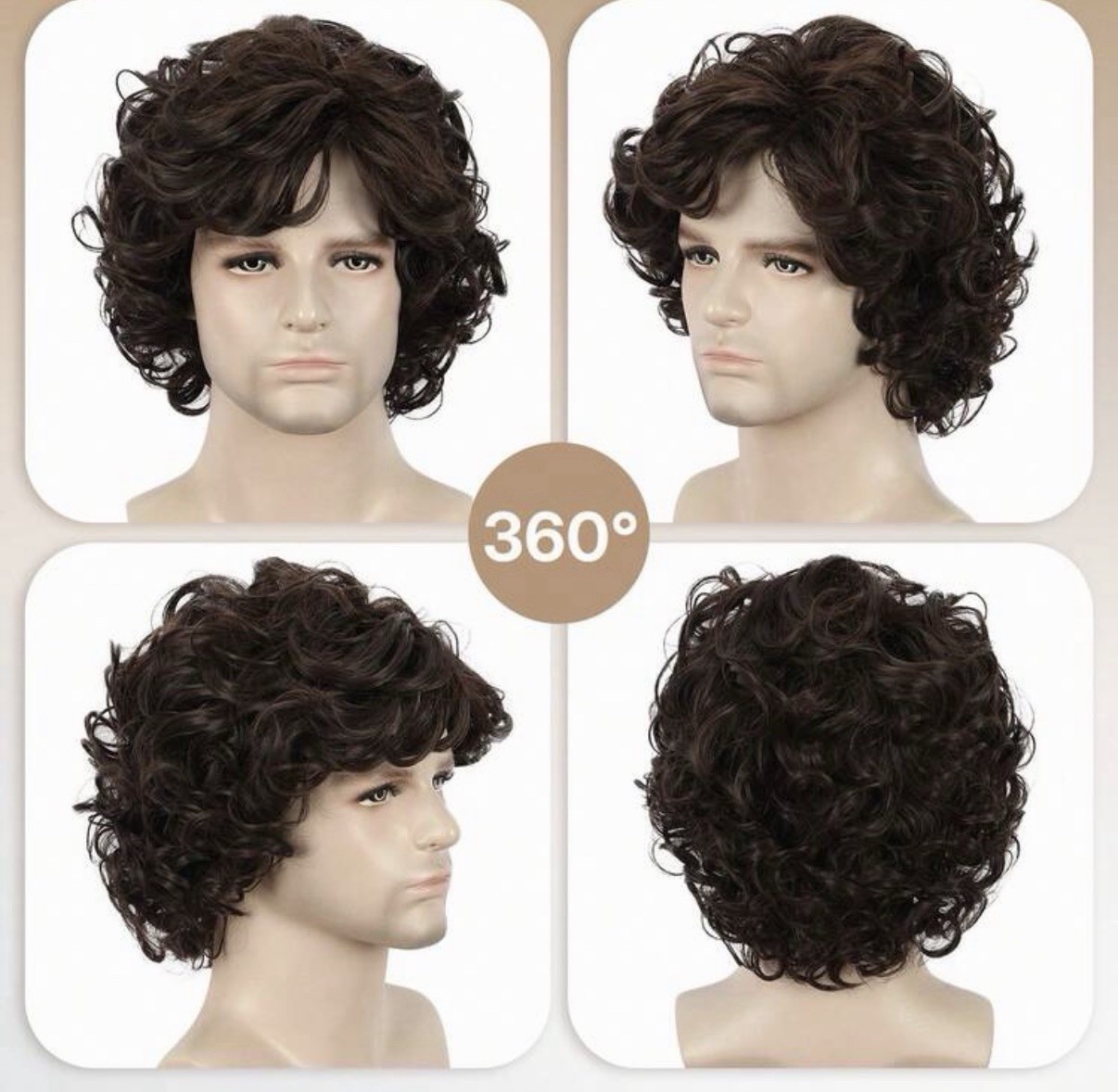Men’s Short Curly Wig Dark Brown Natural Looking Synthetic Hair Heat Resistant