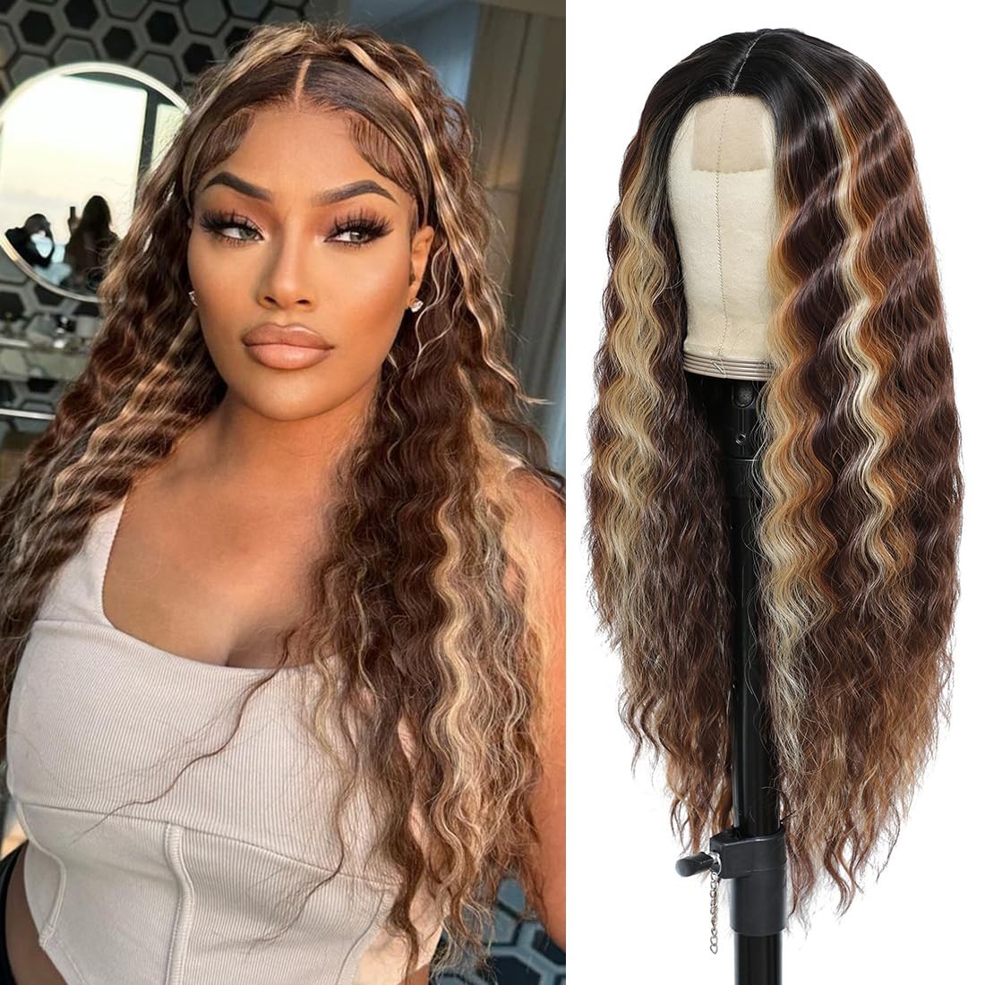 Heat Resistant Brown Mixed Blonde Deep Wave Wig – 150% Density for Glam Looks