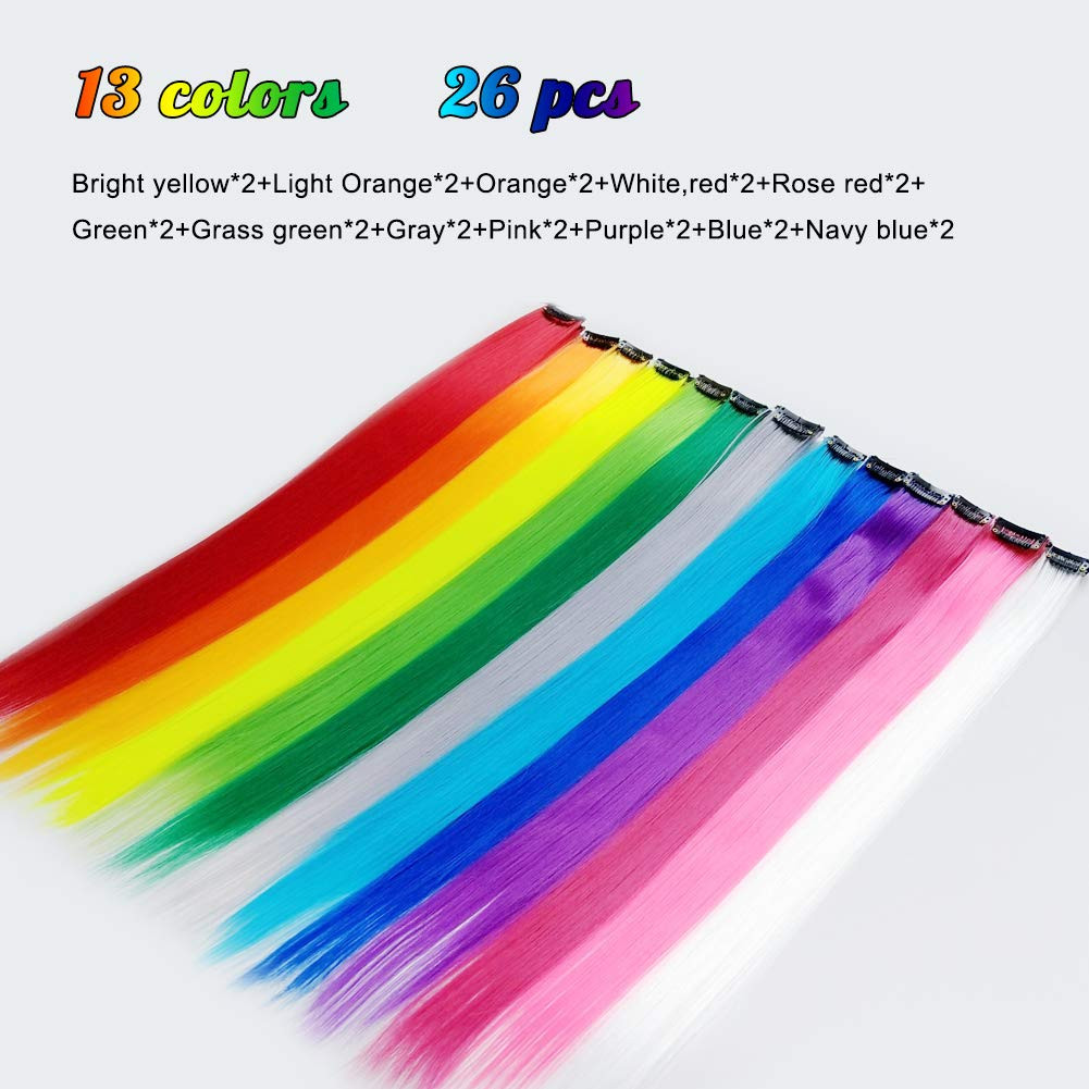 26 Packs Colored Hair Extensions 20Inch Straight Multi-Colors Party Highlights C
