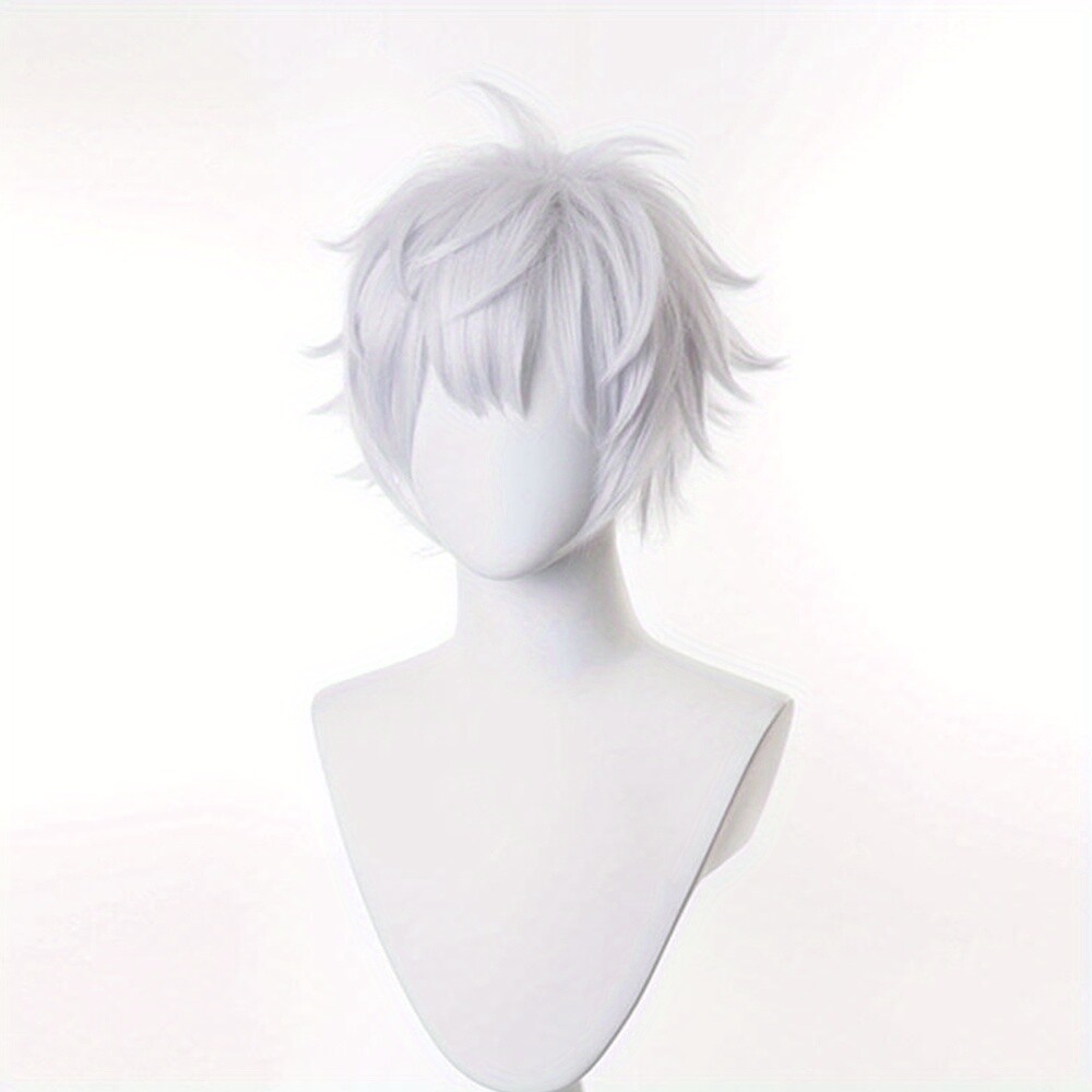 Men Silver White Wig Short Straight Synthetic Anime Hair High Temperature Fiber