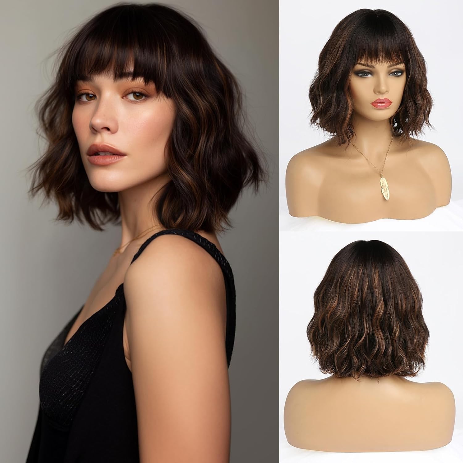 14″ Brown Gold Highlight Wavy Bob Wig for Women Daily Wear 97E209905