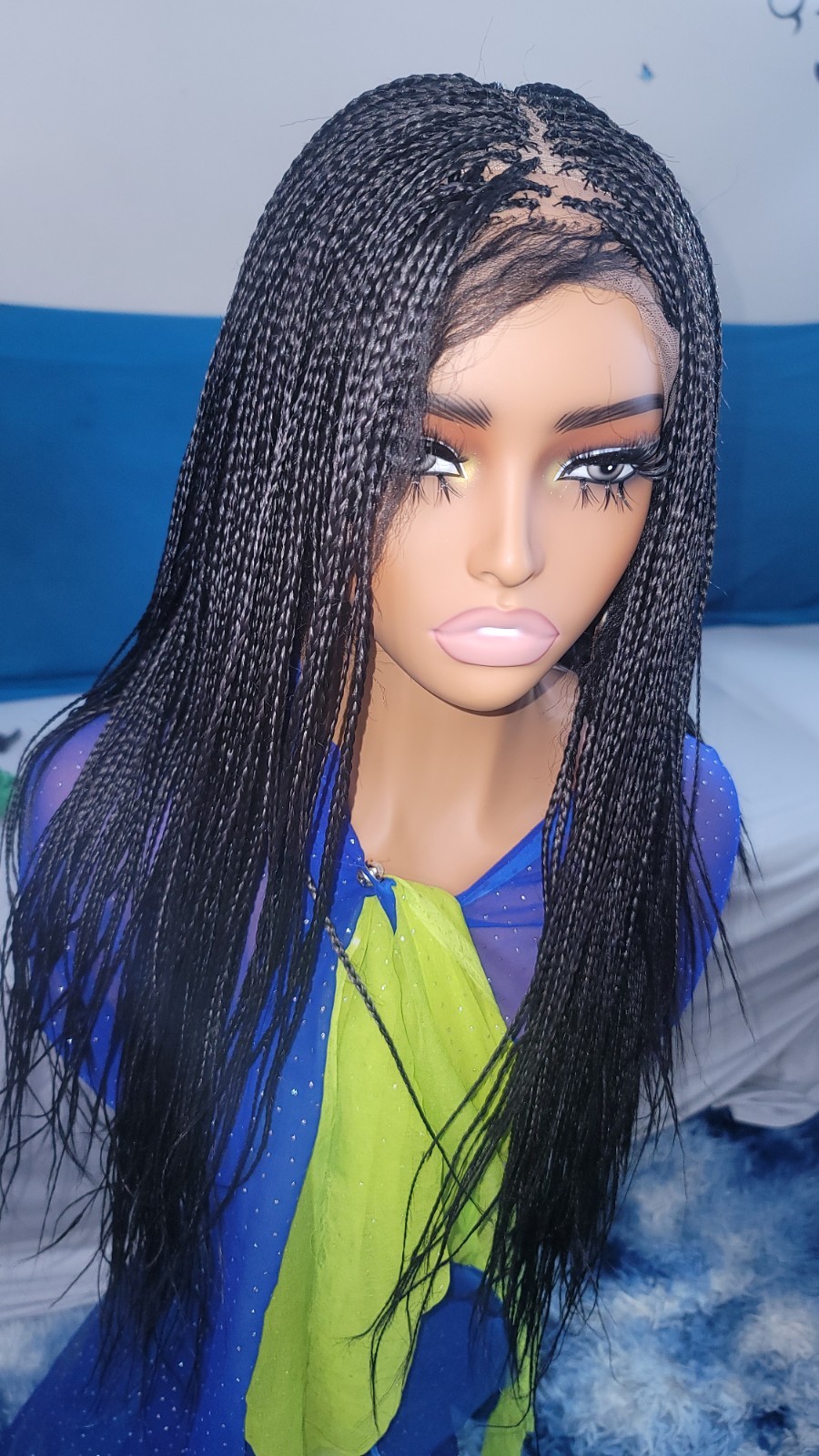 Braided Wig Full Lace Glueless 16″ Micro Boho Braids Jet Black #1 Short Handmade
