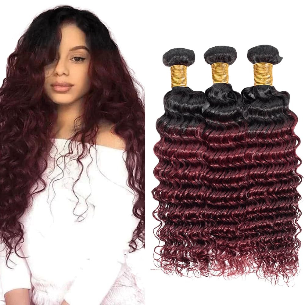 Raivide 1B99J Burgundy Human Hair Bundles Ombre Bundles 1B99J Deep Wave Human