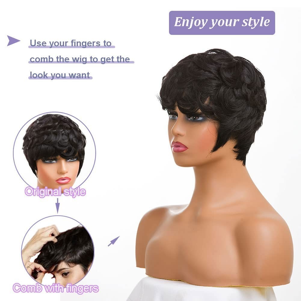 Human Hair Wigs Black Short Curly Pixie Cut with Bangs for Women