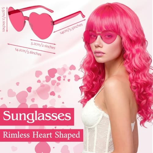 Neon Wigs for Women with Heart Sunglasses, Colorful Long Curly Wigs Hot Pink