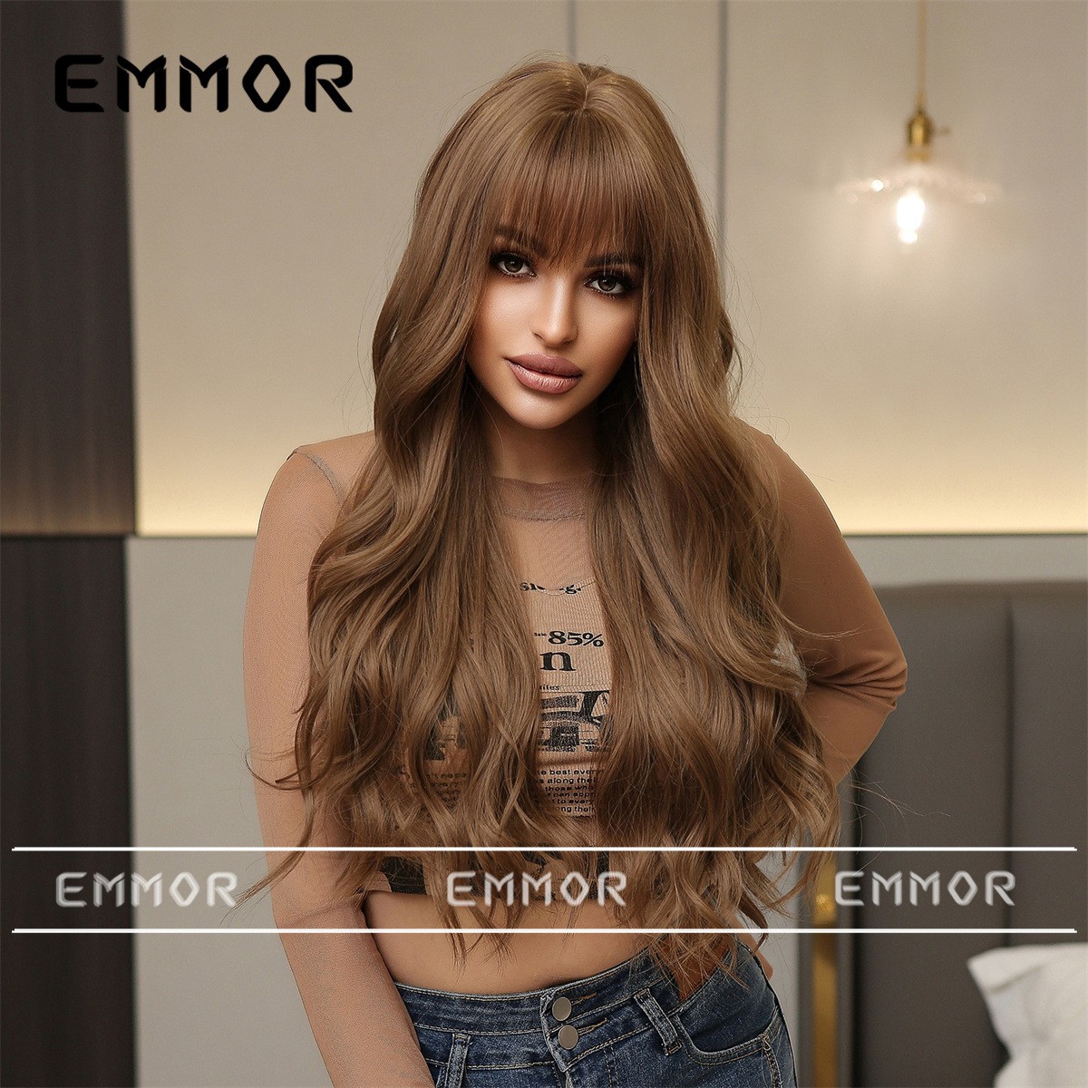 Ombre Brown Long Wavy Wig with Bangs Fluffy European American Style Full Head