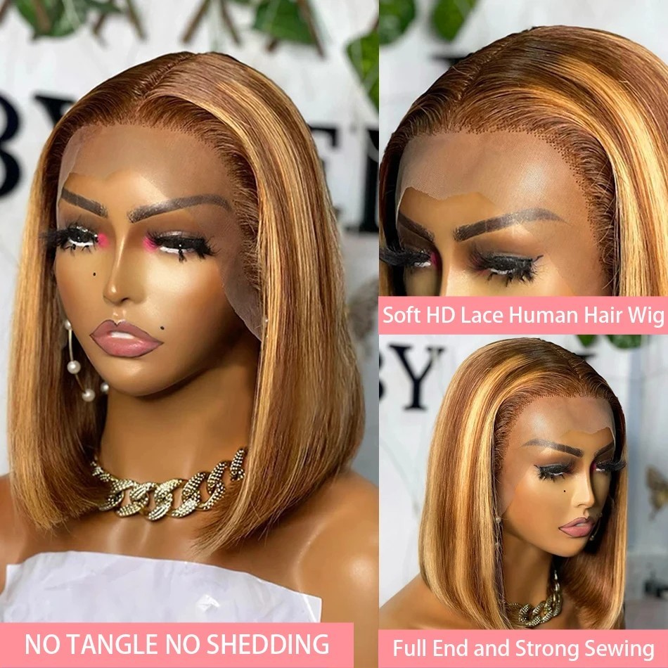 180% Density Short Bob Wigs Highlight Straight Lace Front Wigs Blonde 13×4 HD