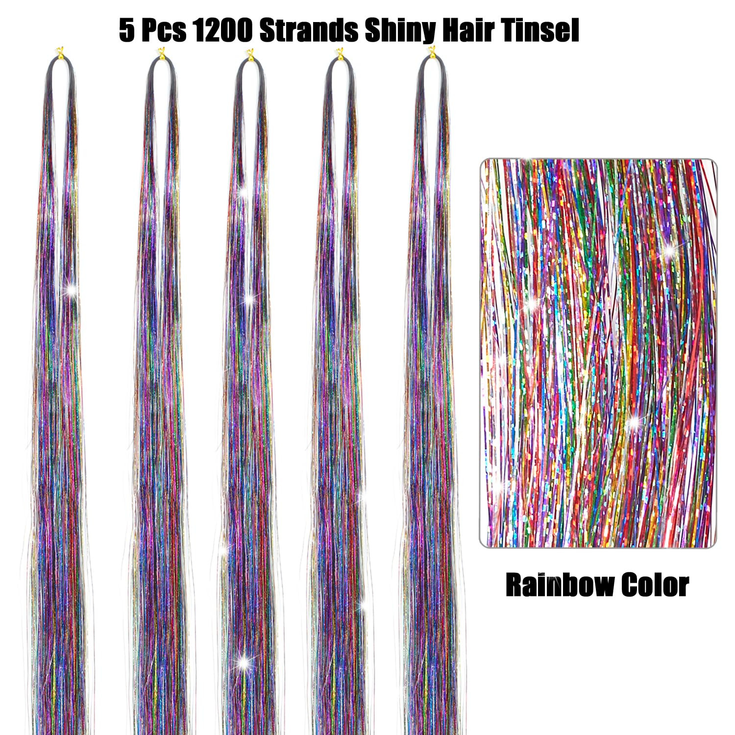 Hair Tinsel, (48 Inch 5Pcs 1200 Strands) Colorful Glitter Tinsel Hair Extensions