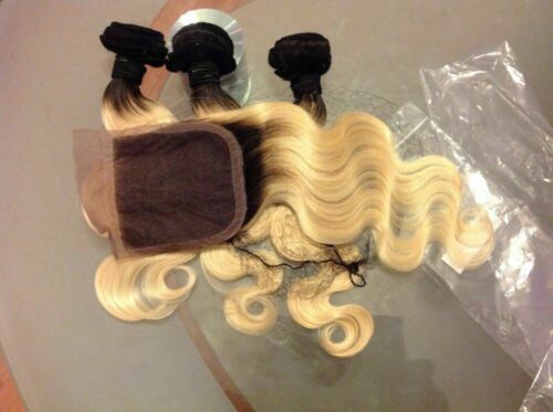 BRAZILIAN Virgin HAIR BODYWAVE 1B/613# DARK ROOT 16+18+20&14 SILK BASE CLOSURE