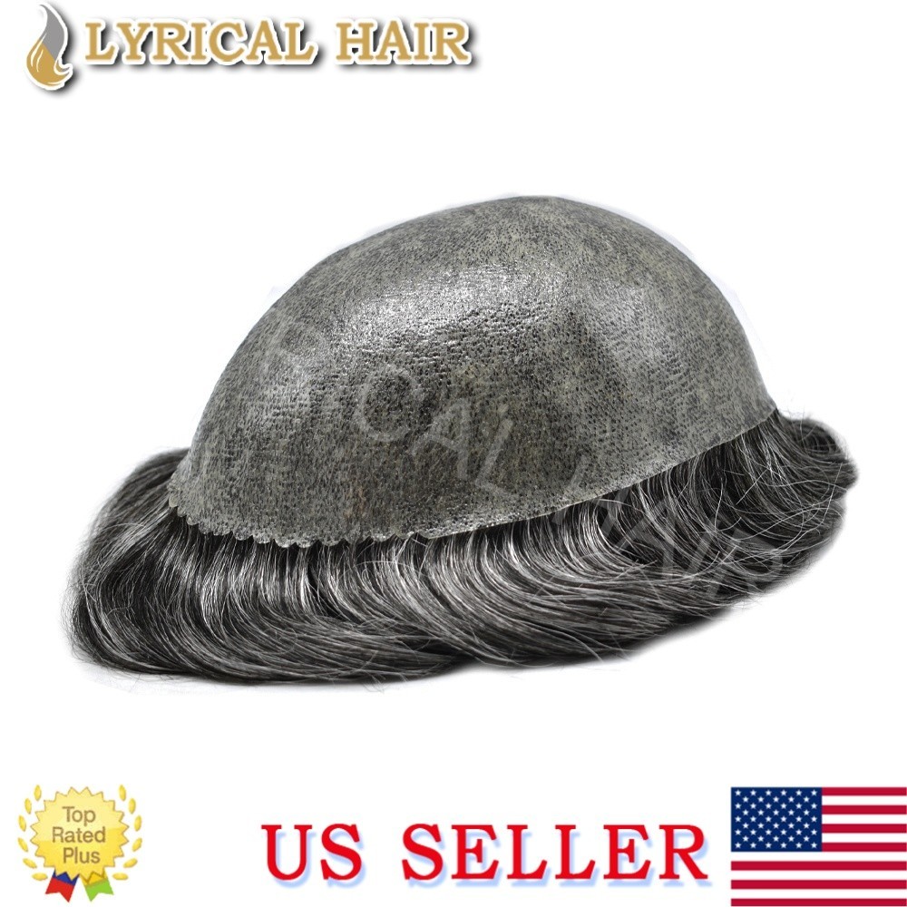 Mens Toupee Hairpiece All Poly Skin PU Human Hair Replacement System Wigs