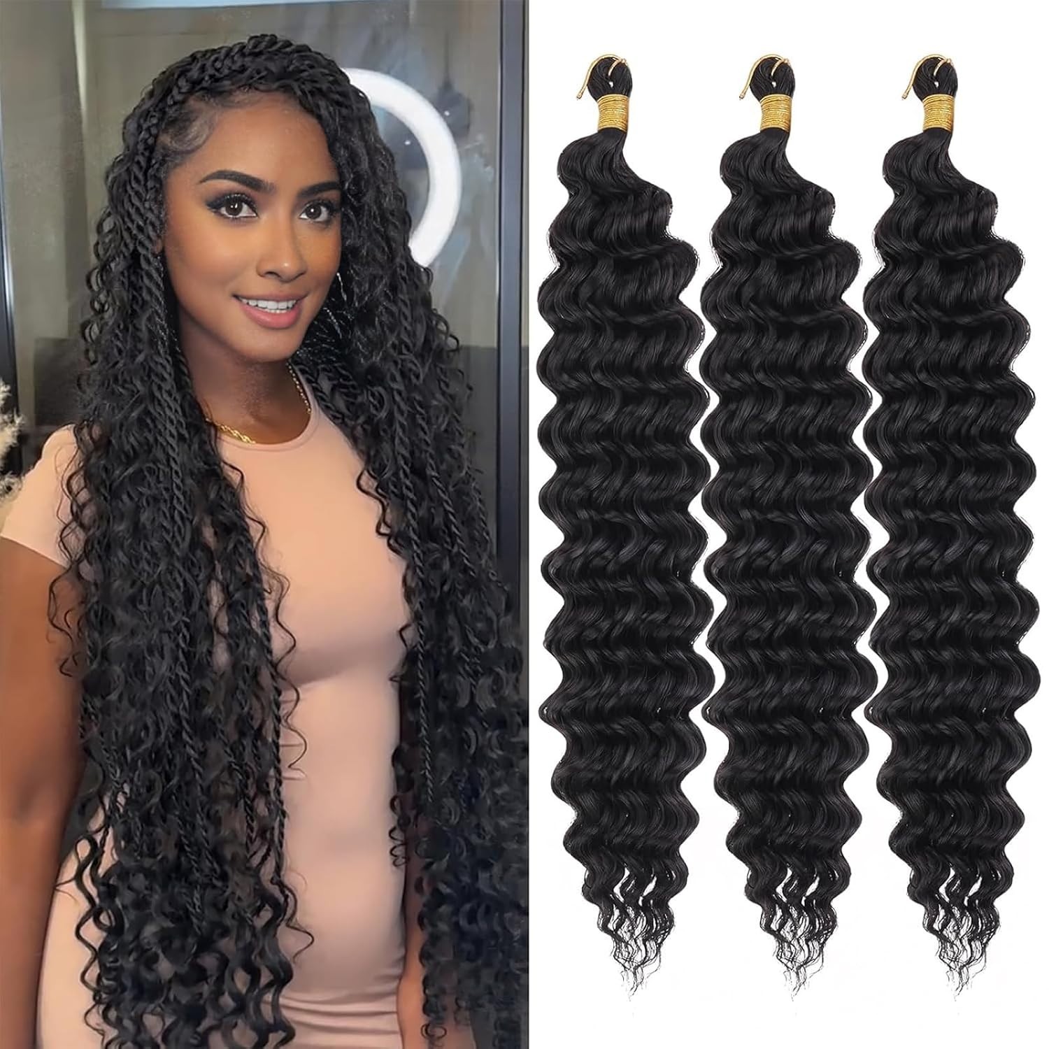 Boho Style Deep Wave Crochet Hair, 18 Inch – Soft Synthetic Hair in Black, 3 Pcs