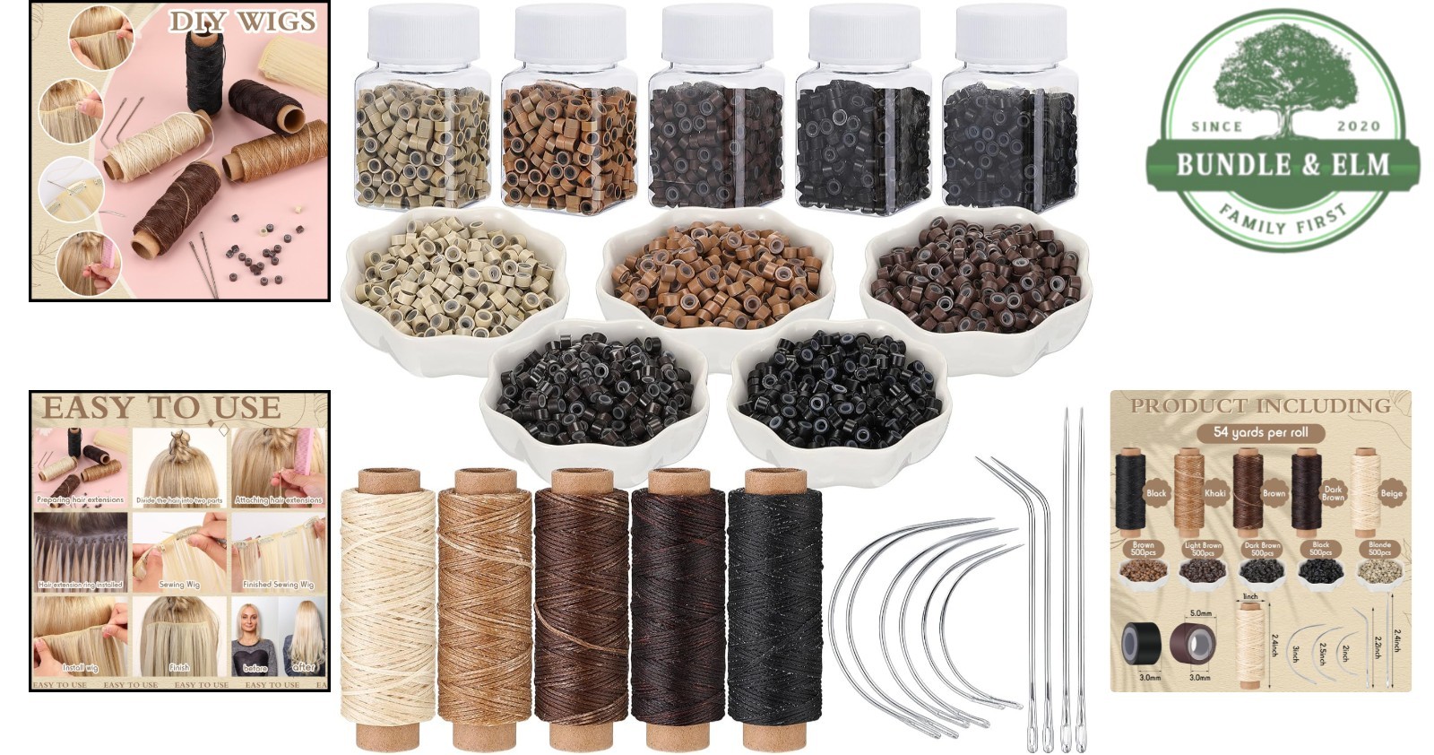 Versatile Hair Extensions Kit with 2500 Beads, Thread Rolls and Needles Included