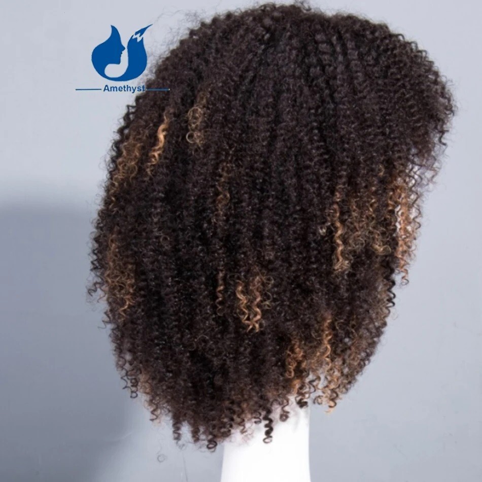 Blonde Highlight Afro Kinky Curly Wigs Human Hair With Bangs Coils Fake Scalp