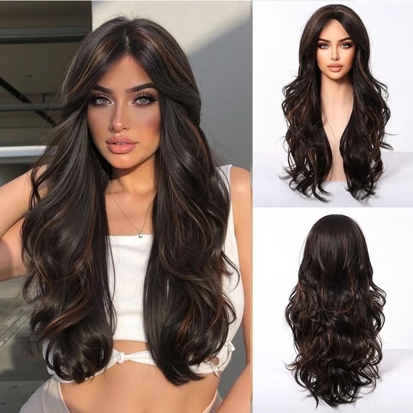 Black Brown Wig Highlight Long Wavy Synthetic Wigs Women Natural Hair Wigs 24′