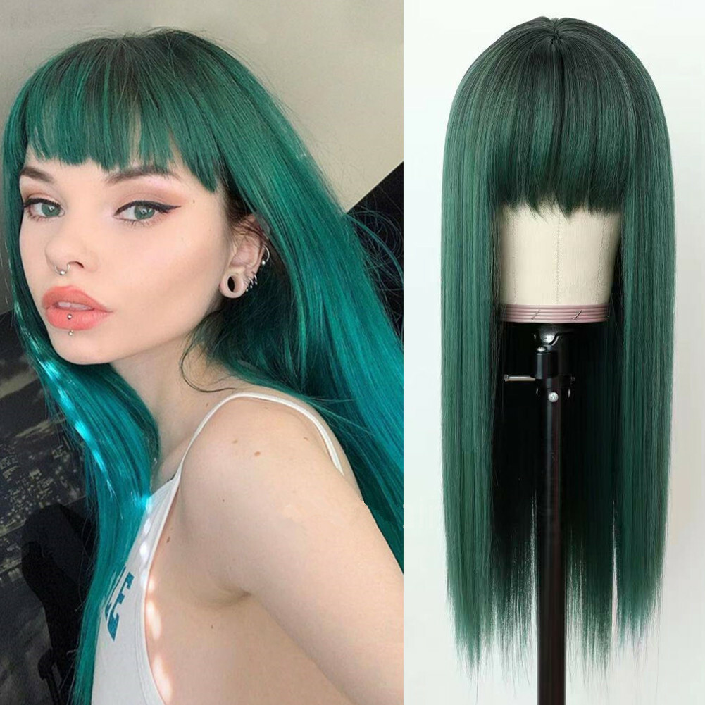 Ombre Green Wigs Full Neat Bangs Long Straight Women Synthetic Fiber Hair Party