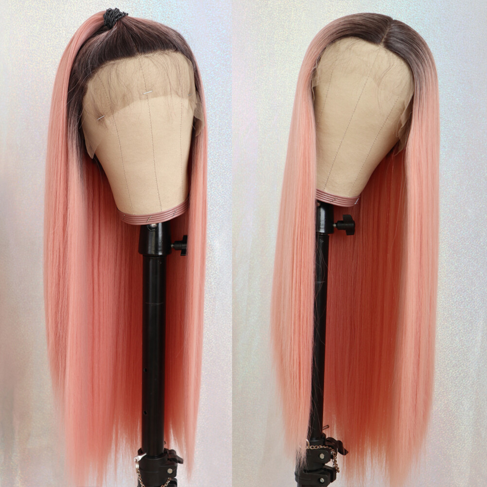 Ombre Pink Women’s Synthetic Hair Lace Frontal Wig Long Straight Natural Wigs