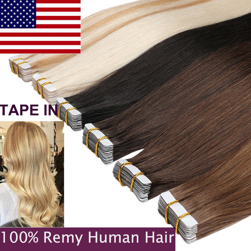 Tape in Real Human Hair Extensions Invisible Skin Wefts Full Head Thick Hair US