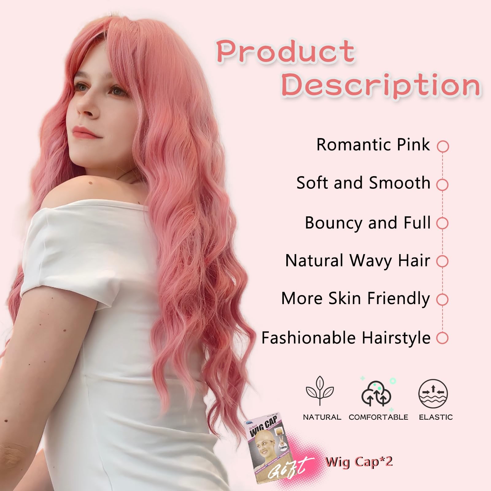 NAYOO Pink Wig with Bangs, 24″ Long Wavy Synthetic Curly Hair Replacement Women