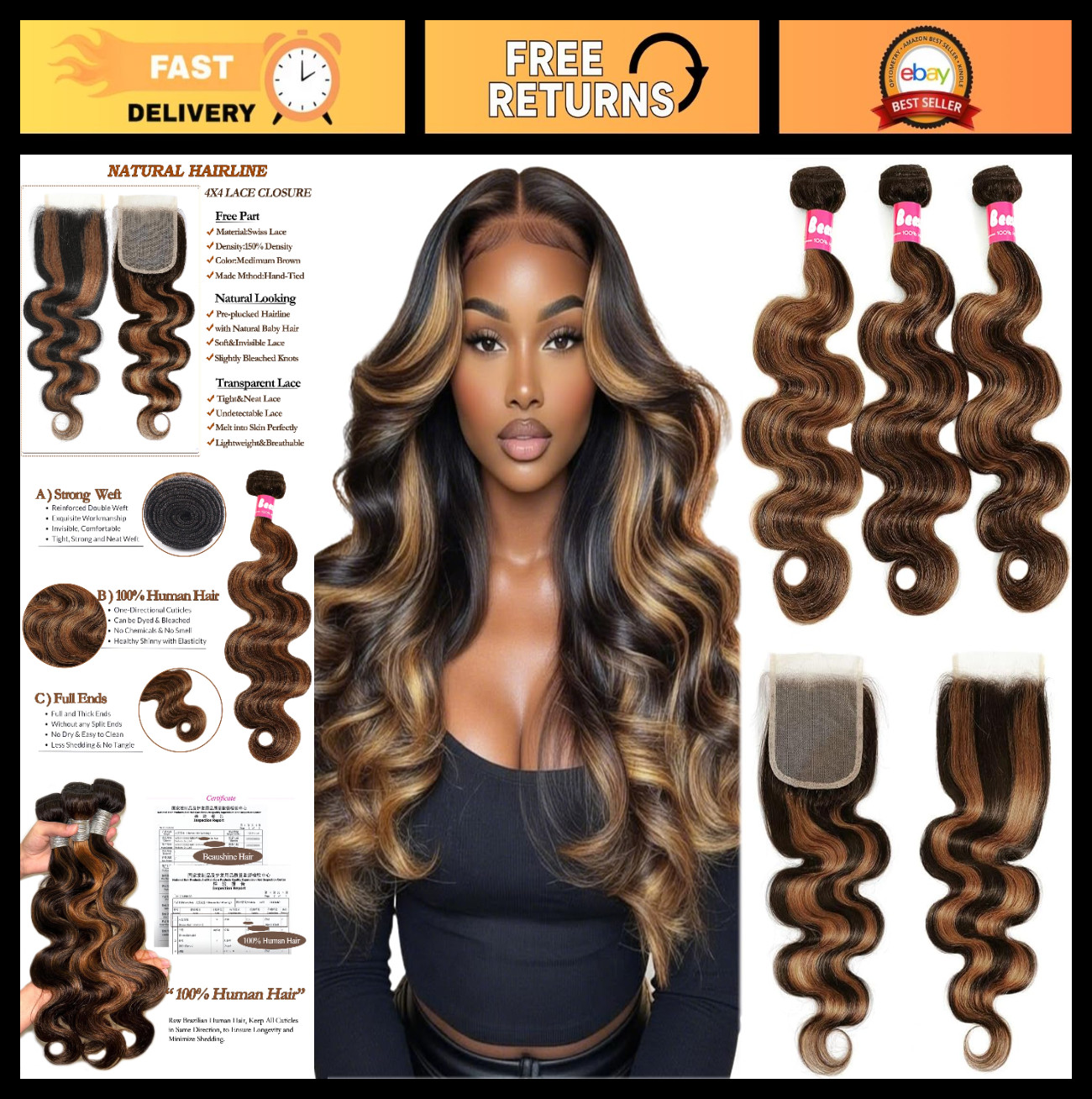 30″ Black Brown Ombre Human Hair Bundles with 4×4 Lace Closure – Body Wave Exten