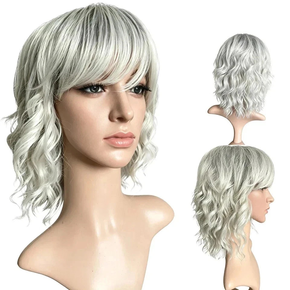 Short Silver Ombre Gray Wavy Wig Shoulder Length Bob Wig with Bangs for Women