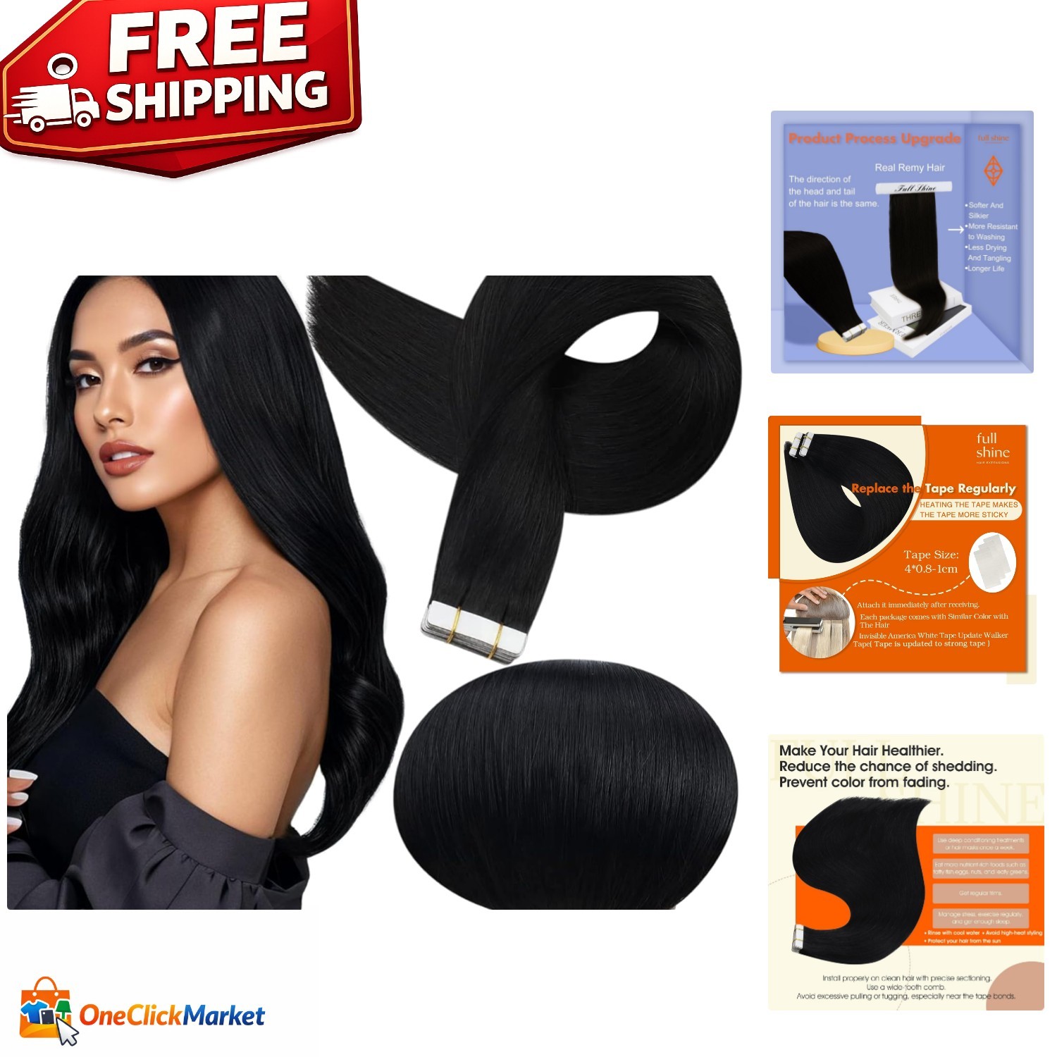 Seamless 20Pcs Remy Tape-In Hair Extensions – 18 Inch Jet Black for Instant Glam