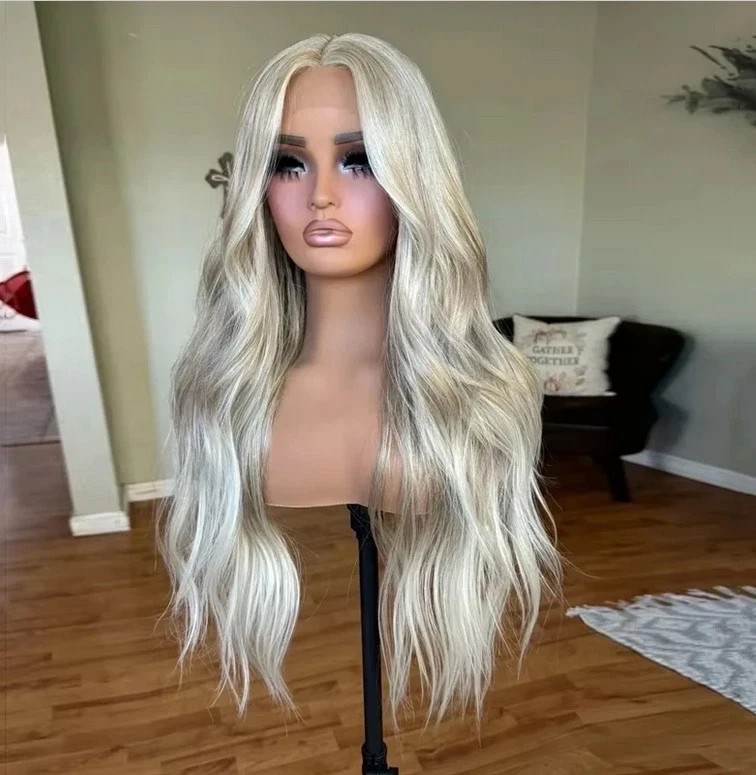 28Inch Platinum Ash Blonde Balayage 13×4 Lace Front Wig 100% Human Hair Wig