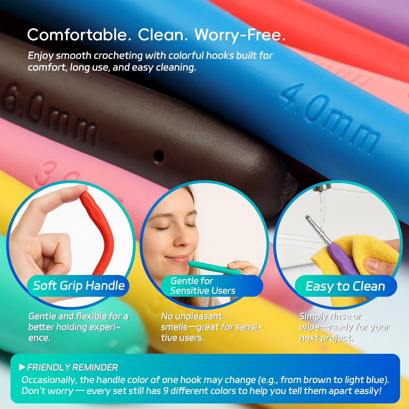 9PCS Ergonomic Crochet Hooks Set by Flickzo – Aluminum 2-6mm, Multicolor