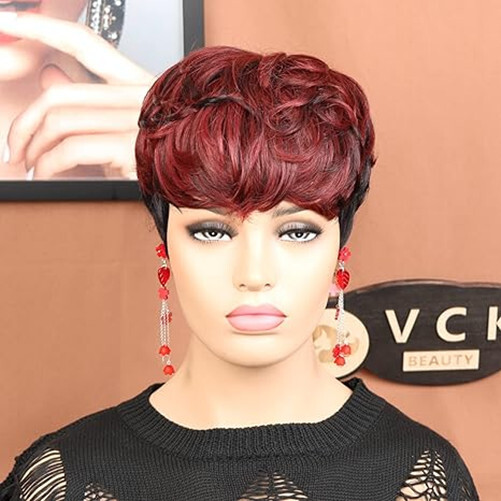 Full Machine Made Short Wave Wine Red Human Hair Wig No Lace With Bangs Glueless