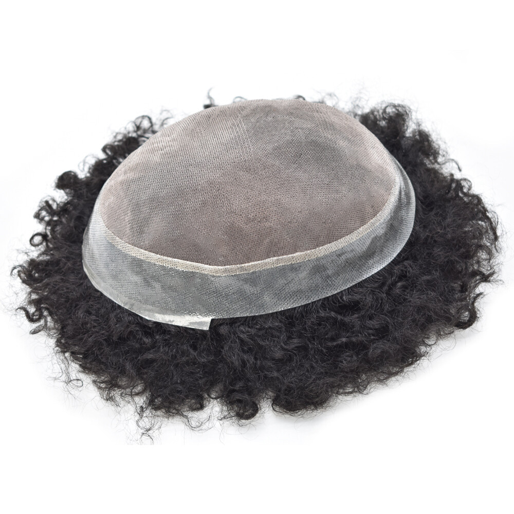 Afro Curl Mens Toupee Hairpiece Curly Human Hair System Monofilament Wig for Men