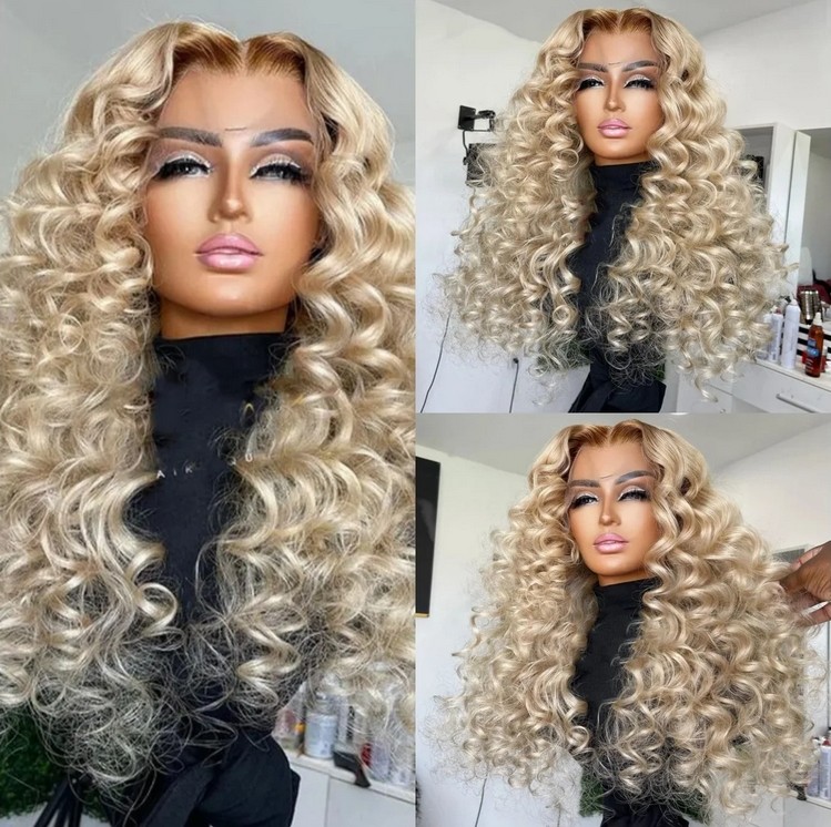 Deep Wave Curly Ash Blonde Dark Roots Human Hair Wigs 13×4 Lace Front Wig