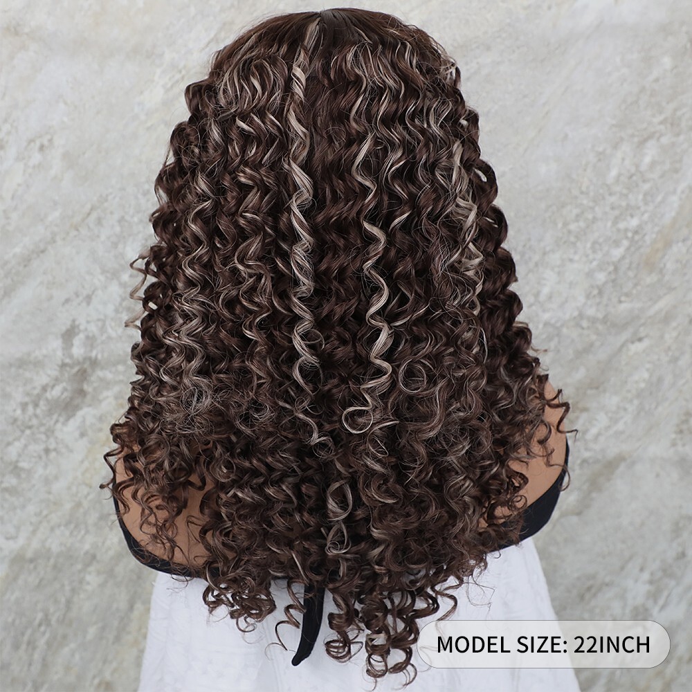 Highlight Blonde Brown Curly Hair Lace Front Wigs Synthetic Pre Plucked Glueless