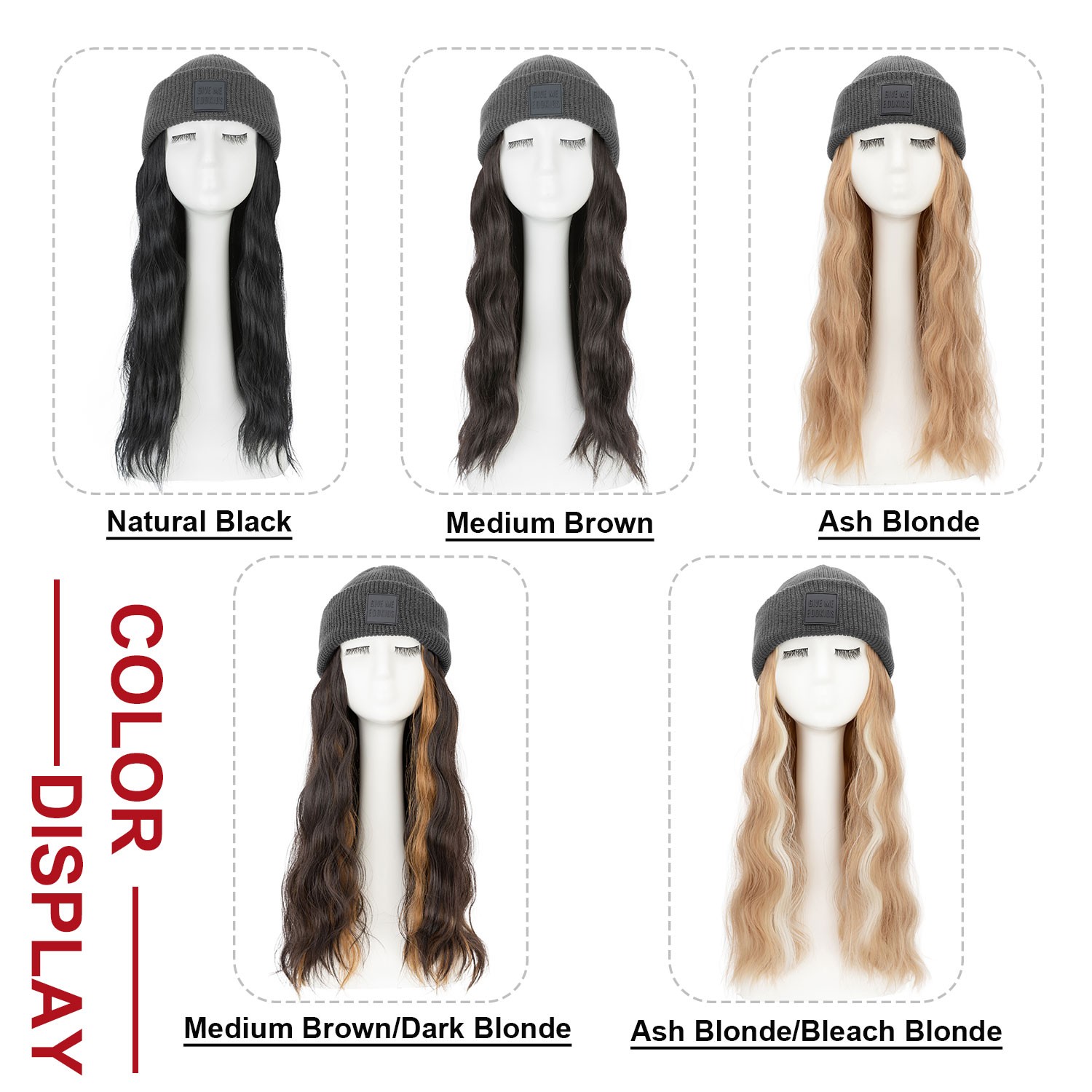 Winter Synthetic Women Long Wavy Beanie Knitted Hat Wig with Synthetic Hair Wigs